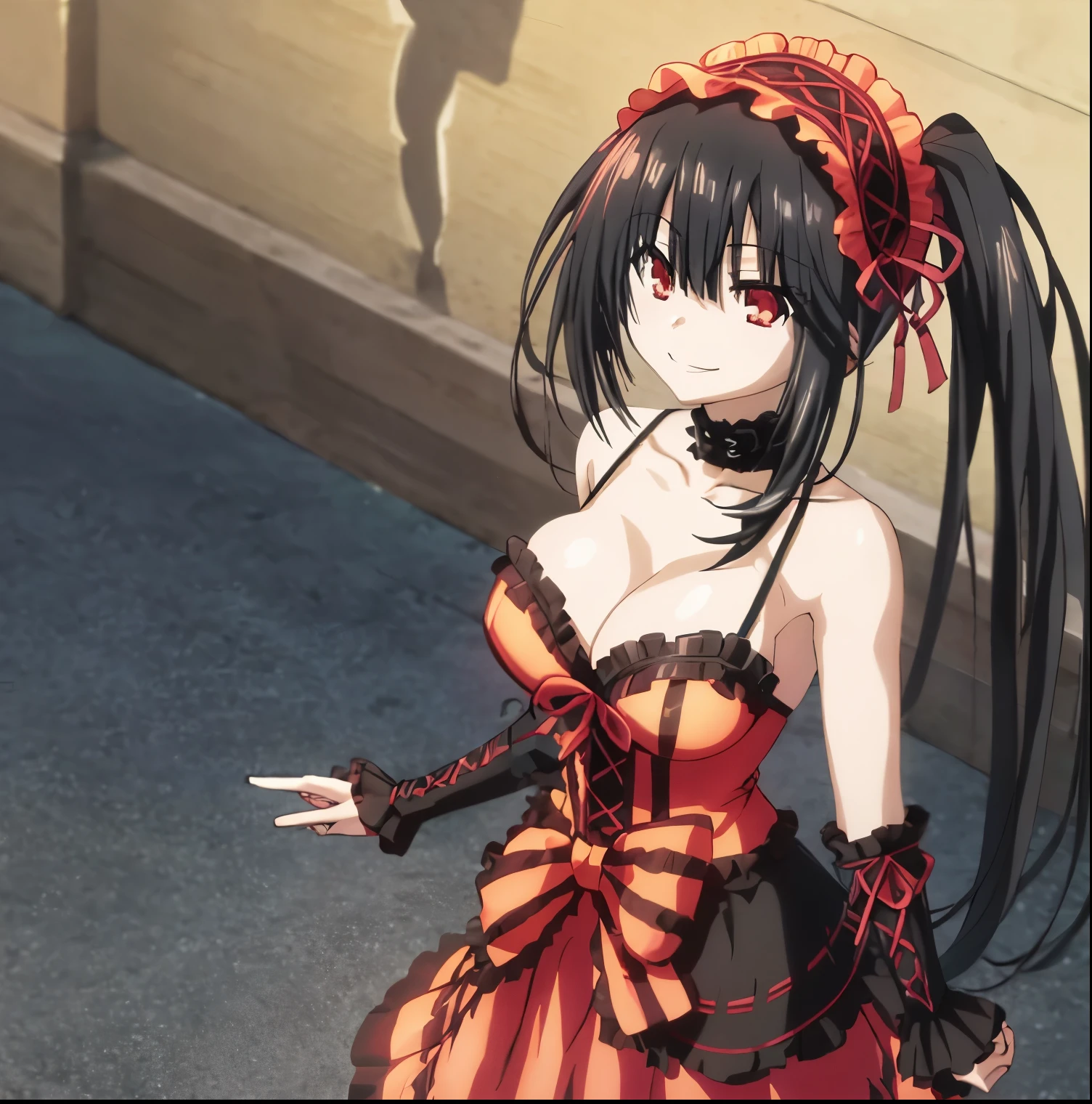 1girl, alone, kurumi tokisaki,Black hair、long-haired twin-tails、Red right eye、The left eye is golden、Red and Black ****ta Dress、Different left and right eye colors、Black tights that don't show bare feet、Black long boots、Smiling、delicate finger、Graceful behavior、Kyozo Tokizaki、Black and red ****ta headdress、One woman、cleavage of the breast, perfect hands, perfect anatomy 