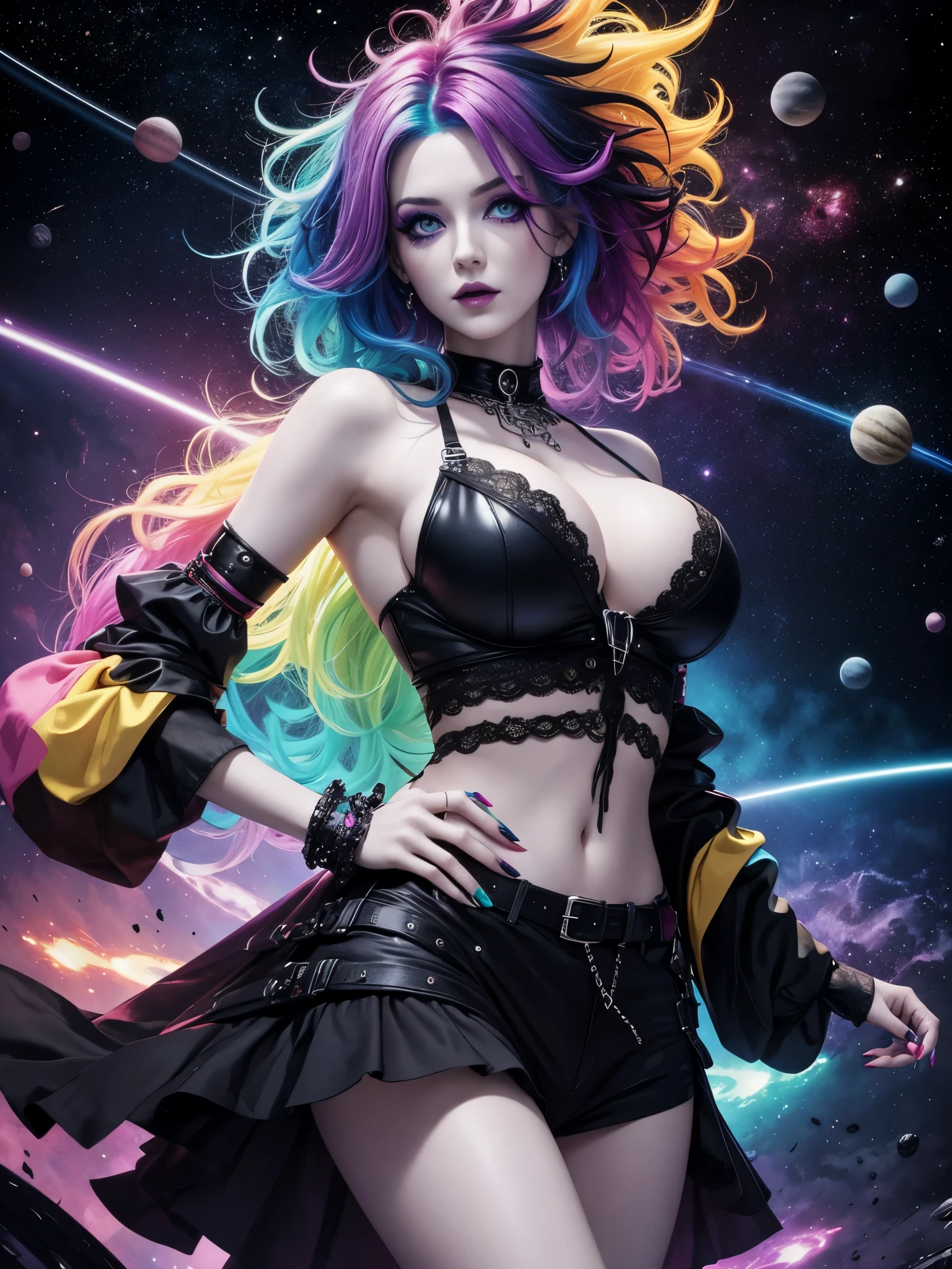 This vivid image portrays a whimsical, eccentric fighter and dreamer in a futuristic digital illustration. The artwork, a digital illustration, features vibrant, surreal colors that bring the fantastical scene to life. The woman is shown in a mismatched outfit, wearing a top hat adorned with sparkling stars and a coat adorned with planet patterns. A playful expression on his face, combined with wild, untamed hair, gives him a quirky personality. The hands are proportional and so is the body. The image captures the woman and several orbs, each pulsing with different colors and patterns. The attention to detail and overall composition of the image make it a visually stunning masterpiece that transports viewers to a whimsical and imaginative world.