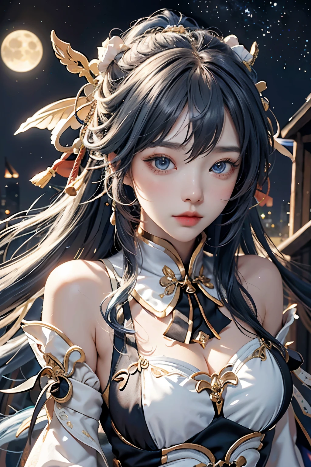 ((best quality)), ((masterpiece)), (detailed), 完美Body，best quality, masterpiece, High resolution, 1 Girl,blush,(Charming smile:0.8),Star-shaped pupil,Dress,Hair accessories,necklace, Jewelry,Pretty Face,Above_Body, ，Full breasts，Complete，Tyndall effect,Reality, Dark Studio, Edge lighting, Two-tone lighting,(High Detail Skin:1.2), 8K uhd, Digital SLR Camera,Wide Angle，Third person perspective， soft light, high quality, Volumetric Lighting, frank, photo, high resolution, 4k, 8K, Bokeh,huge ,Wide hips,(National Foundation:0.6),