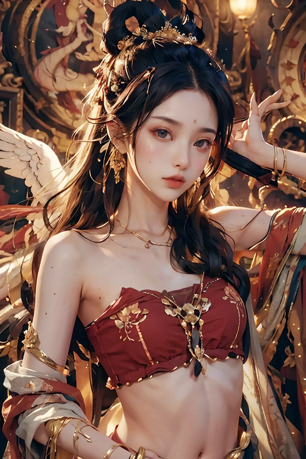 (RAW Photo, Best Quality), (Realistic, Photo Realistic: 1.3), Best Quality, Highly Detailed, Masterpiece, Hyperdetail, Illustration, 1 Girl, upper_body, Dynamic Angle, World Masterpiece Theater, messy_long_hair, Best Quality, Extremely Detailed CG Unified 8k Wallpaper, Ink, Amazing, Cinematic Lighting, lens_flare, Chu Chu Touching,The shoulders have exposed skin,The belly on is exposed,A beautiful woman,A pensive, lost in thought,Make eye contact with the other person,Thin body type,Small Bust,Small breaeerless beauty who has been recognized and proposed to by many royalty and nobles.,beautiful girl,Minors,No makeup,sobriety,No red on the face,A soft angelic smile,