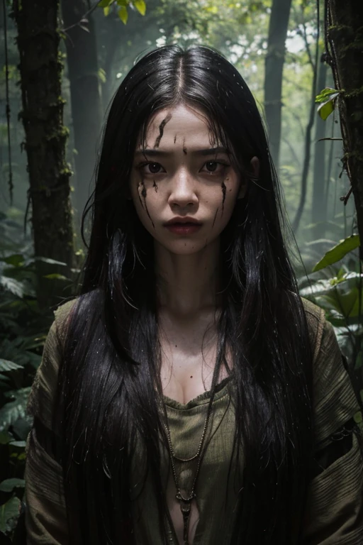 height,Portrait,dark light,swampy forest,beautiful girl,fierce natives,Awesome atmosphere.,ominous shadow,ethnic jewelry,Helpless victims,bright colors,Creepy scene,greenery greenery,Detailed facial features,Fierce eyes,Long, flowing hair,painted face,The fear in her eyes,tribal mark,Close to change,suspense,abandoned doll,Awesome numbers.,Awesome expression.,lonely,mesmerizing beauty,Wet and muddy environment,distant nature sounds,Surreal atmosphere,An unforgiving wilderness,tension in the air,growing vines,invisible danger,lonely battle,Stuck in a nightmare,withered tree,A piercing scream,Escape potential,Desperation in her movements,Proportion like a toy,Premonition of fate,An ominous ritual