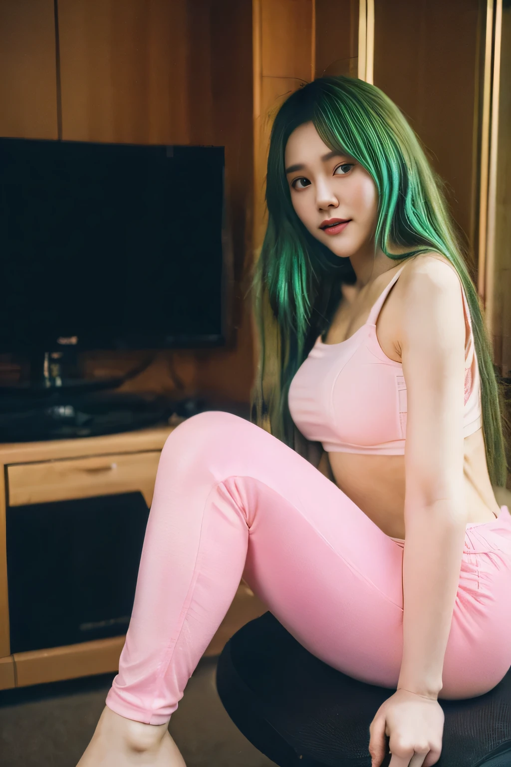 (best quality,8k,ultra details:1.2),Japanese beauty,woman,green hair,pink gaming room, pink leggings, pink lighting, pink gaming chair, half body