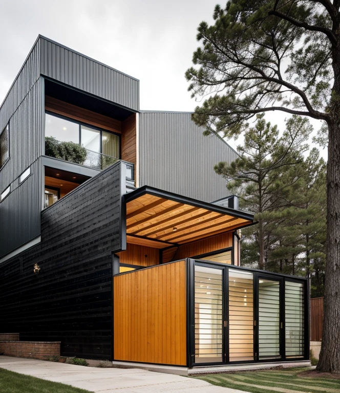 house exterior industry style, dark yellow and green color scheme, like an oldtime industry factory,raw materials, exposed structural elements, and simple, clean lines,rough-hewn steel, polished concrete, glass, and exposured brick,