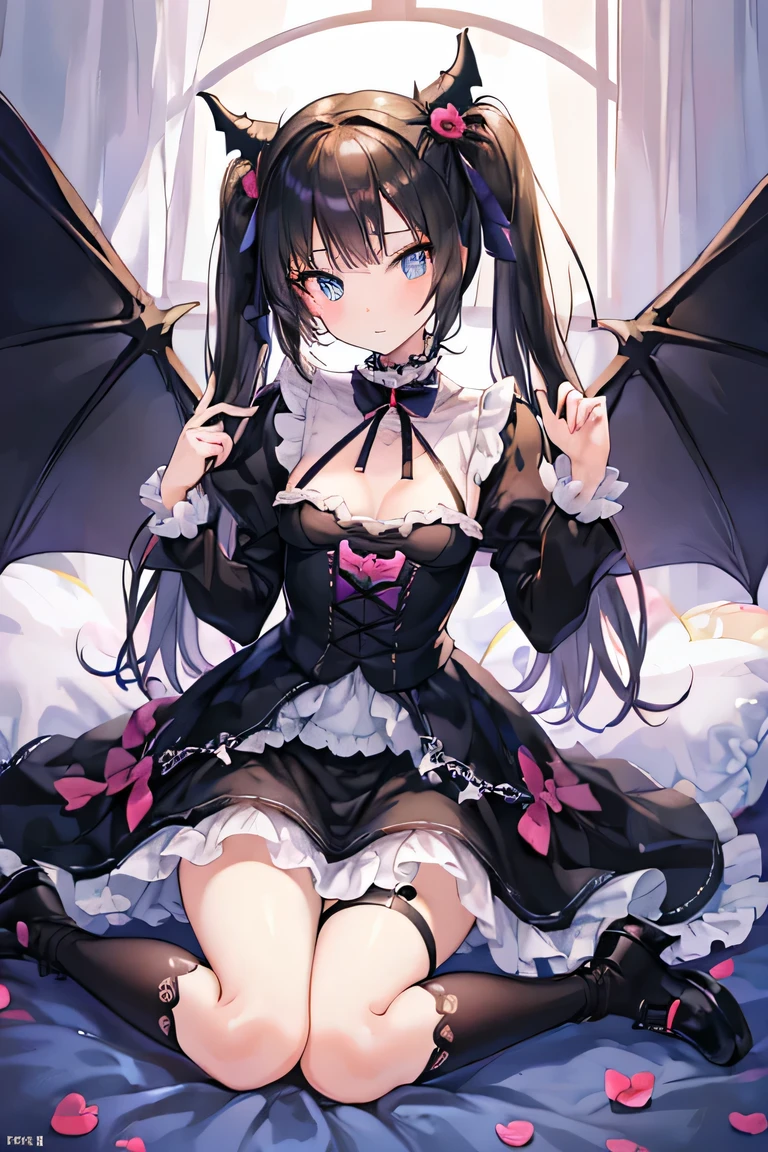 ((masterpiece)), ((best quality)), (ultra-detailed), ((kawaii)), cute, (lovely), illustration, anime style, full body, a cute girl, solo, (beautiful eyes), small devil, Gothic and ta (type of teenfashion), slim, slender, beautiful breasts, black wings, evil.