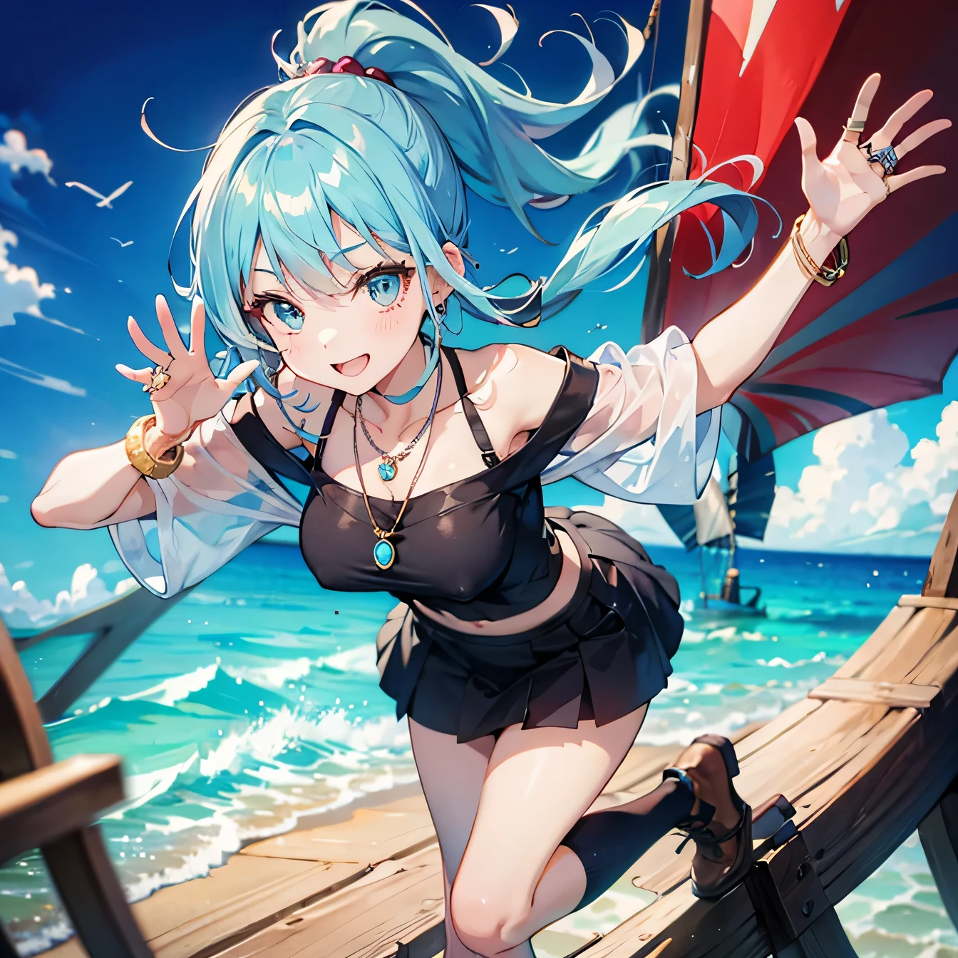 Anime Moe Art Style,highest quality,High resolution,One Girl,-teegirl with light blue hair in a ponytail,Super detailed,off shoulder tops,mini skirt,Big TitsLooking at Camera,Active,Bright smile,One hand is waving widely,One leg raised,A rich expression,Eyes drawn in detail,necklace,ring,hair ornaments,bracelet,Daytime,blue sky,pirate ship,On the ship,8K