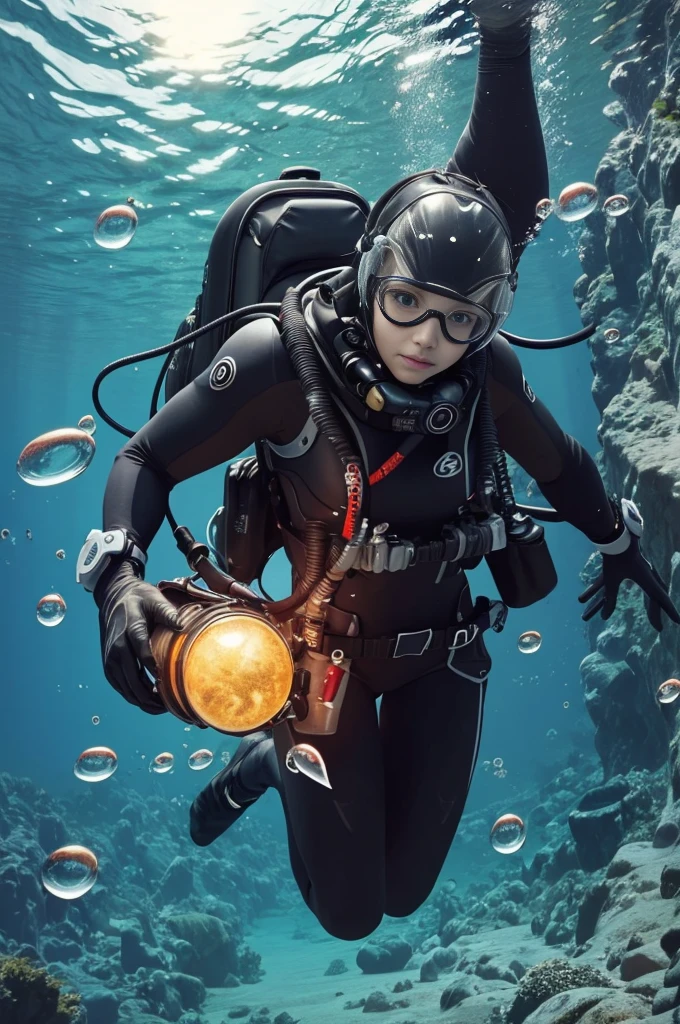 (best quality, masterfully painted:1.2), hyper-detailed, professional scuba diver with goggles and diving gear, masterpiece, numerous bubbles, distorted reflection of the sun, underwater motion, fishes, coral, many bubbles, 32k, ((general shot :1.6)), Unreal Engine:1.4, Ultra-realistic, photorealistic CG K:1.4, Skin texture:1.4,
