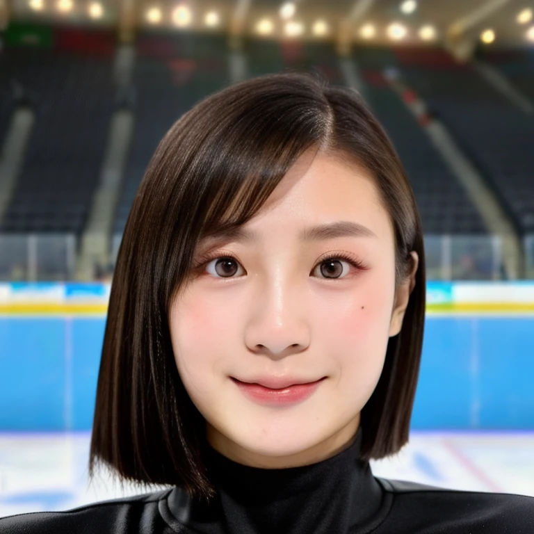 (kawaii 24year-old Japanese girl, Nogizaka idol, Korean idol), female ice hockey player, (glossy black hair, very short hair:1.3), (rounded face, black eyes, single eyelid, no makeup, soft smiling:1.2), (wearing long sleeved ice hockey jerseys:1.3), (flat chest, extra small breasts:0.8), (looking at viewer:1.2), BREAK, (ice skate arena background:1.3), (vertical shot, close shot:1.3), BREAK, (masterpiece, best quality, photo realistic, official art:1.4), (UHD, 8K quality wallpaper, high resolution, raw photo, golden ratio:1.3), (shiny skin), professional lighting, physically based rendering, award winning, (perfect anatomy, highly detailed skin, extremely detailed face and eyes:1.2), Carl Zeiss 85 mm F/1.4, depth of field, 1girl, solo, nhl, national hockey league,