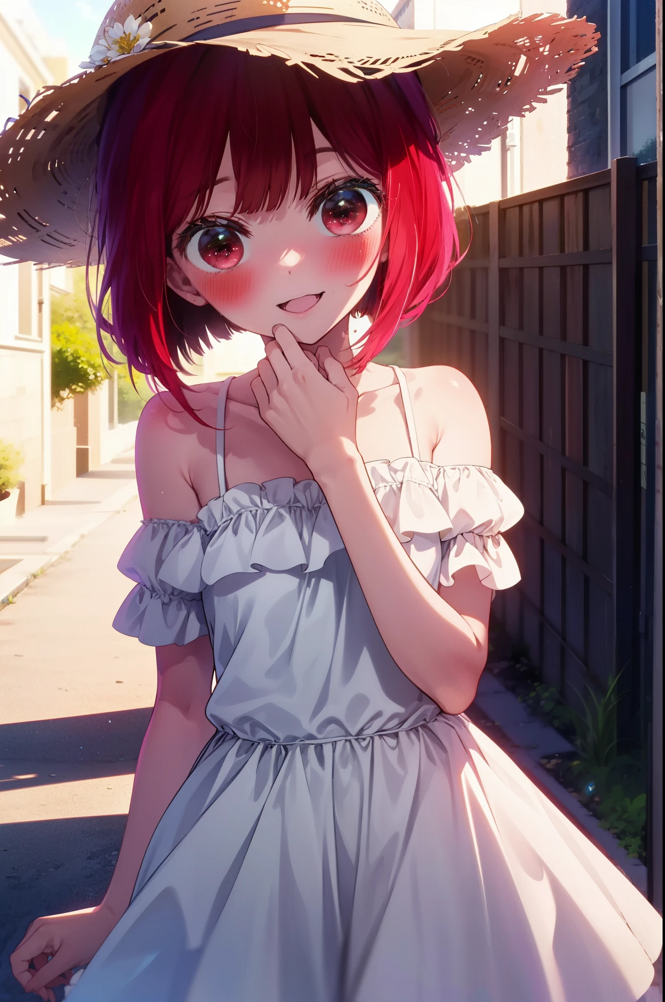 canary, Arima etc., long hair, bangs, (Red eyes:1.3), Redhead,smile,blush, happy smile, smile, Open your mouth,,Off-the-shoulder dress,Bare shoulders,Bare neck,bare clavicle,Long skirt,Cute Sandals,Straw hat,Daytime,Clear skies,whole bodyがイラストに入るように,Looking down from above,
break outdoors,In town,Building district,
break looking at viewer,whole body, (Cowboy Shot:1.5),
break (masterpiece:1.2), highest quality, High resolution, unity 8k wallpaper, (figure:0.8), (Beautiful fine details:1.6), Highly detailed face, Perfect lighting, Highly detailed CG, (Perfect hands, Perfect Anatomy),