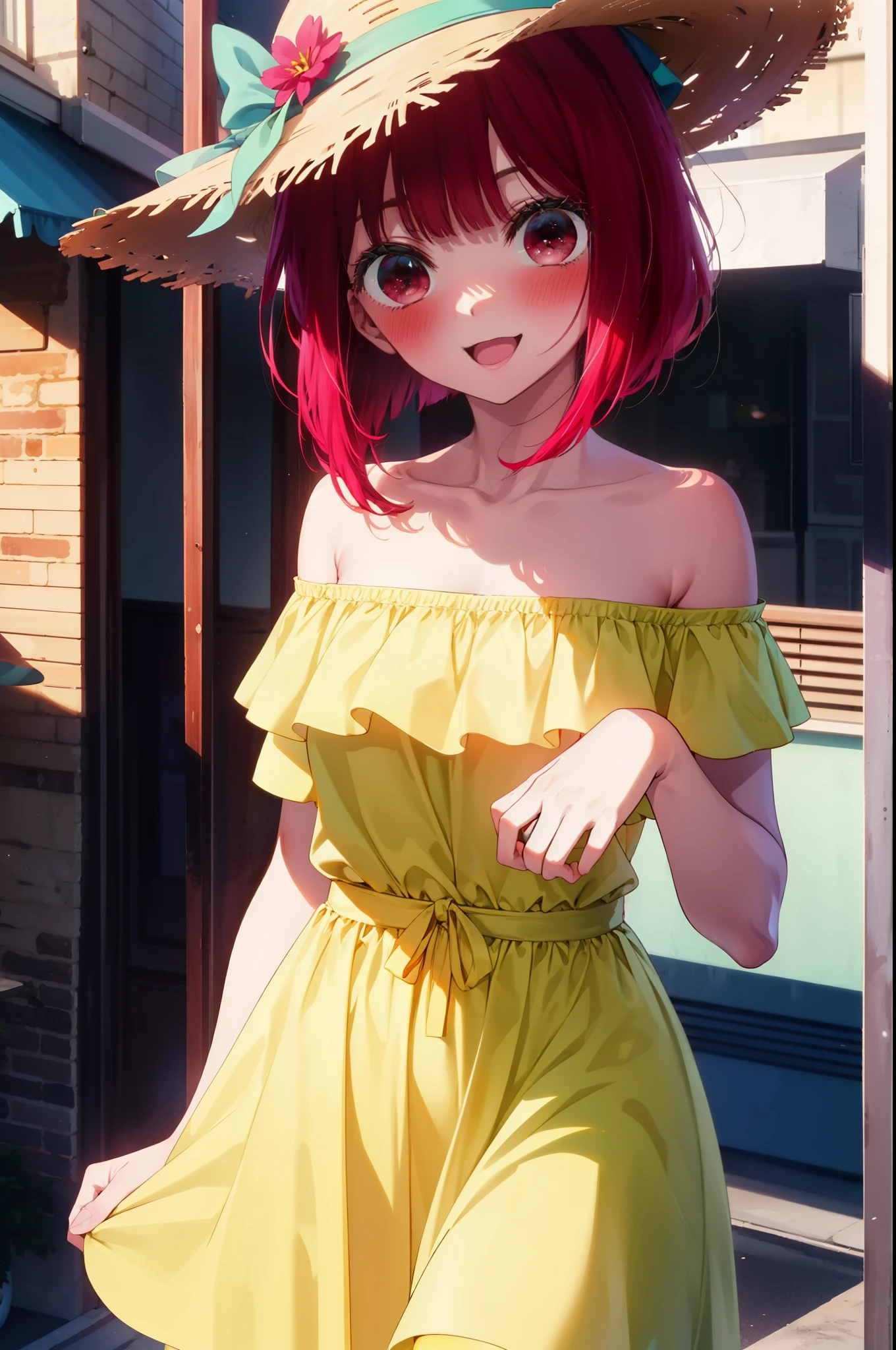 canary, Arima etc., long hair, bangs, (Red eyes:1.3), Redhead,smile,blush, happy smile, smile, Open your mouth,,Off-the-shoulder dress,Bare shoulders,Bare neck,bare clavicle,Long skirt,Cute Sandals,Straw hat,Daytime,Clear skies,whole bodyがイラストに入るように,Looking down from above,
break outdoors,In town,Building district,
break looking at viewer,whole body, (Cowboy Shot:1.5),
break (masterpiece:1.2), highest quality, High resolution, unity 8k wallpaper, (figure:0.8), (Beautiful fine details:1.6), Highly detailed face, Perfect lighting, Highly detailed CG, (Perfect hands, Perfect Anatomy),