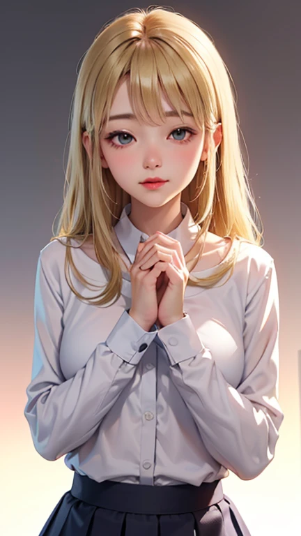 Blushing lightly and smiling, (Top quality masterpiece:1.2) Delicate illustrations, Very detailed, /Beautiful Japanese Woman、1 person,Very cute and slim、Excellent style 、((8K images、super high quality))、Very delicate face, Skin and Hair、beautiful forehead、Red lipstick、Long Hair,(((((Gradient Hair、Blonde))))),Very cute Japanese cut face、Eyes and nose are clearly visible、Kind eyes,(((White blouse、Tight Skirt)))