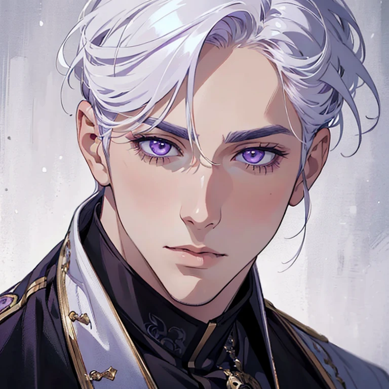 "(best quality,ultra-detailed,realistic:1.37),Medium,portrait,purple eyes,white hair,Man with medium hair,Fine painting style,Detailed facial features,attractive male appearance"