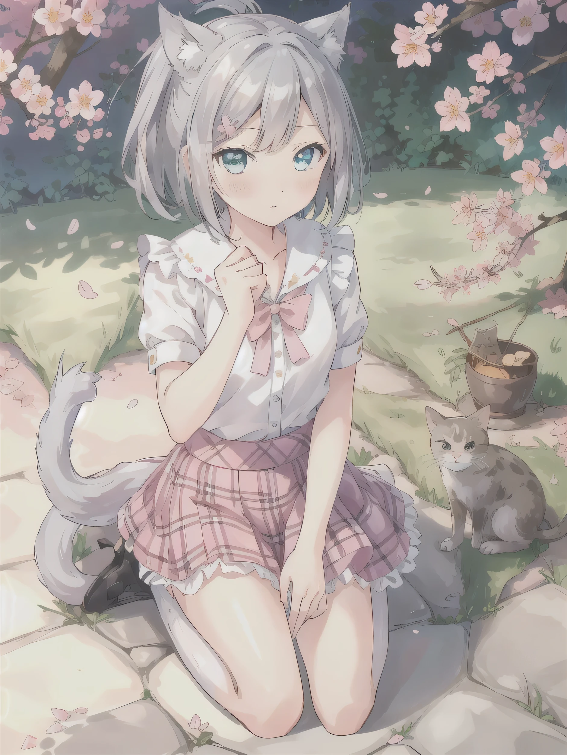 ((masterpiece)), (highest quality), (Very detailed), (Beautiful illustrations),
Outdoor, garden, cherry blossoms,
tsutsukakushi tsukiko,Grey Hair,short hair,Aqua Eye,Side Ponytail,,White shirt,Pink plaid skirt,Black legwear,
alone,  Cat_ear,  blush,
Kneel, From above, Face Focus, Face close-up, Cat_hand_Pause, poker face, fist