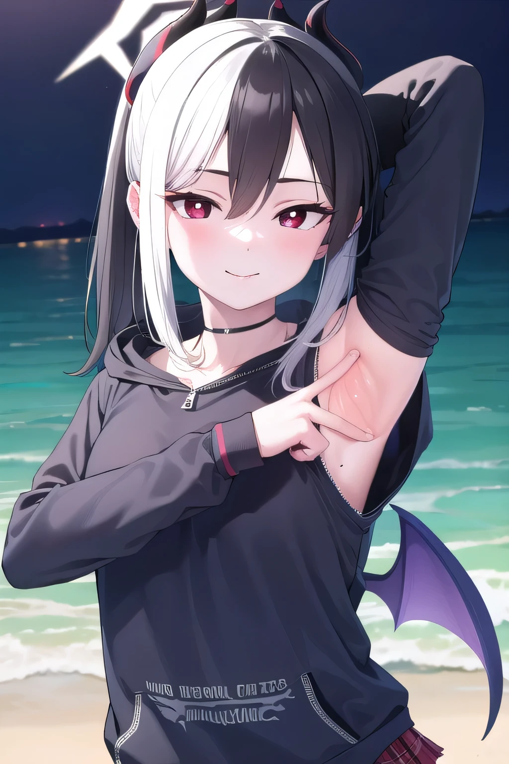 kayokoonikata, kayoko onikata, black hair, demon horns, hair between eyes, halo, horns, long hair, low wings, mole, mole on collarbone, multicolored hair, ponytail, (red eyes:1.5), single wing, two-tone hair, white hair, wings, black ponytail,
BREAK black hoodie, choker, hood, hoodie, pleated skirt, skirt, red skirt,
dynamic pose, contrapposto, spread armpit, arms behind head, solo, looking at viewer, upper body, closed mouth, night sky, beach, masterpiece, best quality, smile,
BREAK (masterpiece:1.2), best quality, high resolution, unity 8k wallpaper, (illustration:0.8), (beautiful detailed eyes:1.6), extremely detailed face, perfect lighting, extremely detailed CG, (perfect hands, perfect anatomy),