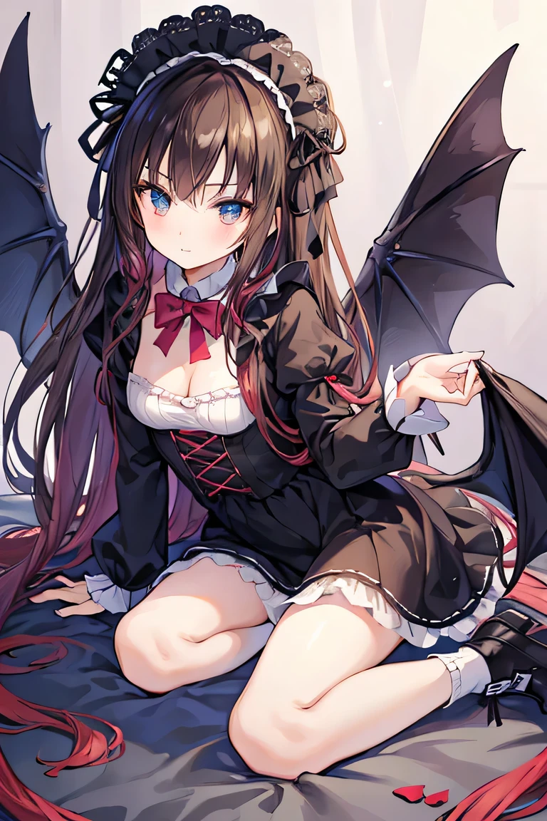 ((masterpiece)), ((best quality)), (ultra-detailed), ((kawaii)), cute, (lovely), illustration, anime style, full body, a cute girl, solo, (beautiful eyes), small devil, Gothic and Lolita (type of teenage fashion), slim, slender, beautiful breasts, black wings, evil.