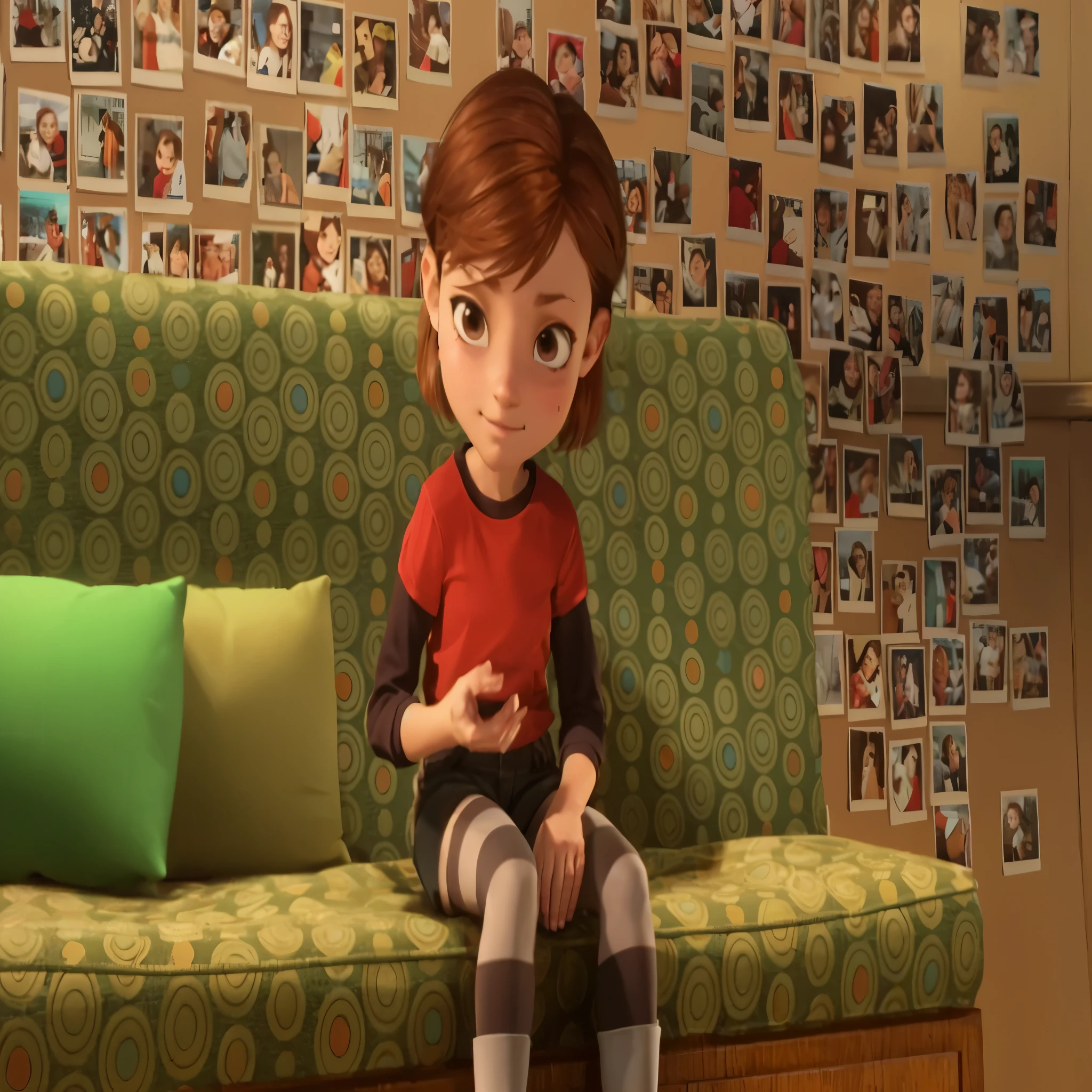 Penny Forrester,Physical appearance
Penny is a slender, 13-year-old teenage girl with fair skin, short auburn hair, and brown eyes. She wears a red T-shirt over a brown long-sleeved shirt, denim grey shorts, grey and white striped tights, alongside brown socks with a red line and brown boots, which she mostly wears when she's


