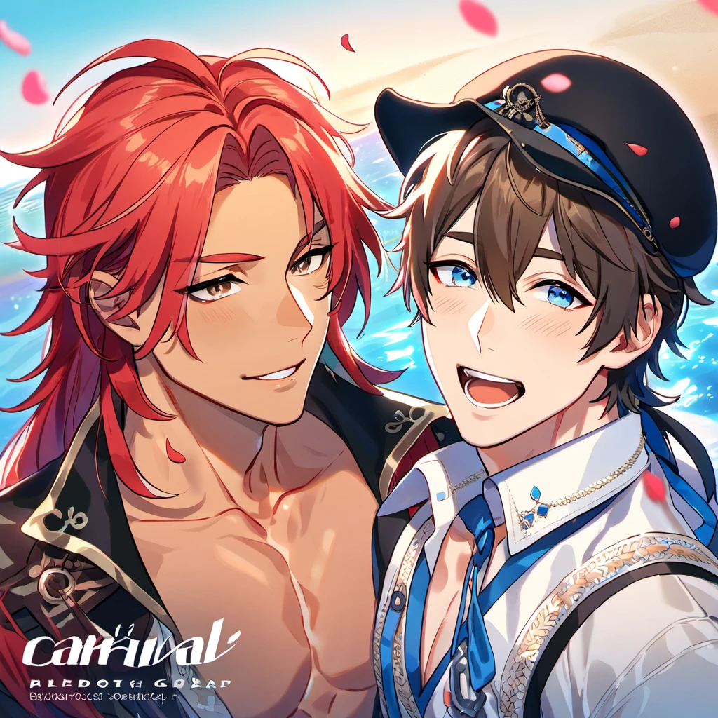 absurdres, highres, ultra detailed, HDR, master piece, best quality, Eiden, brown hair, expressive brown eyes, Nu Carnival, Dante with tanned skin, long red hair, expressive blue eyes, two men together, gay couple, handsome, fantasy black pirate clothes, black hat, sea, beach, petals