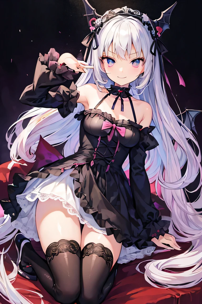 ((masterpiece)), ((best quality)), (ultra-detailed), ((kawaii)), cute, (lovely), illustration, anime style, full body, a cute girl, solo, (beautiful eyes), small devil, Gothic and Lolita (type of teenage fashion), slim, slender, beautiful breasts, black wings, evil, seductive smile,