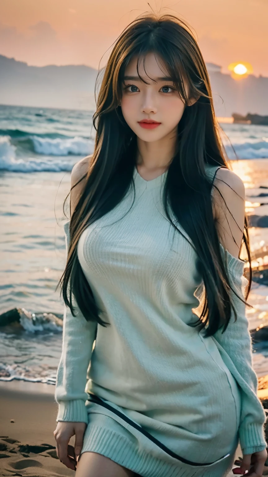 High resolution, masterpiece, highest quality, Ultra High Definition 8K Wallpapers, Very clear, Majestic panoramic view:1.3, (Beautiful face in every detail):1.2, A confident and calm smile, (Multicolor)hair, (green)hair, Wavy long hair, Knitted dress, 1 girl, alone, Evening beach, 風になびくhair,Blushing, Pouting,