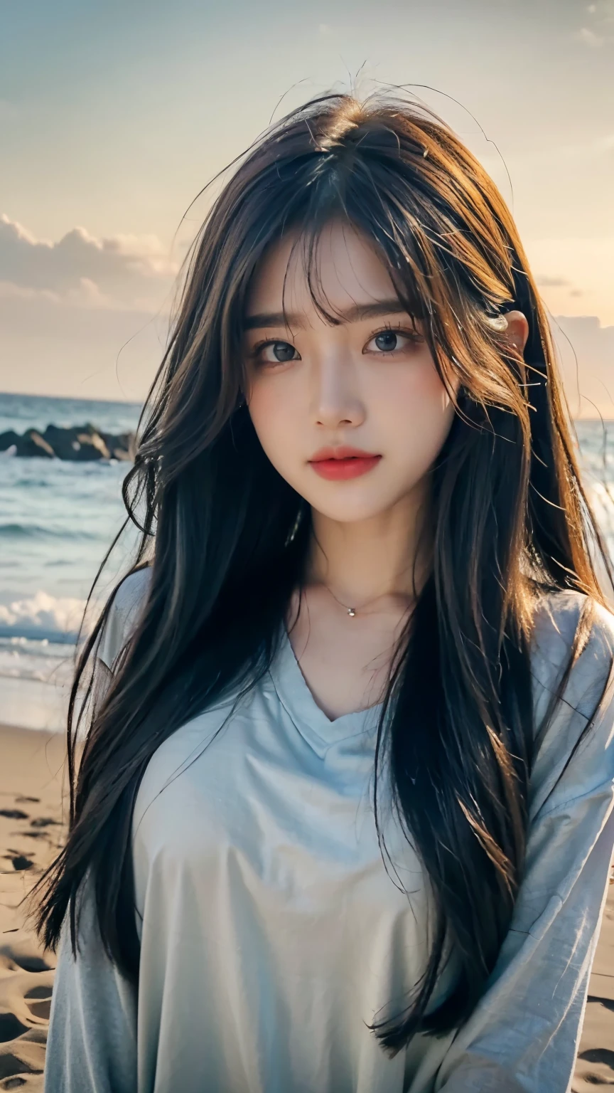 High resolution, masterpiece, highest quality, Ultra High Definition 8K Wallpapers, Very clear, Majestic panoramic view:1.3, (Beautiful face in every detail):1.2, A confident and calm smile,  (Multicolor)hair, (green)hair, Wavy long hair, Oversized shirt, 1 girl, alone, Evening beach, 風になびくhair,Blushing, Pouting, 