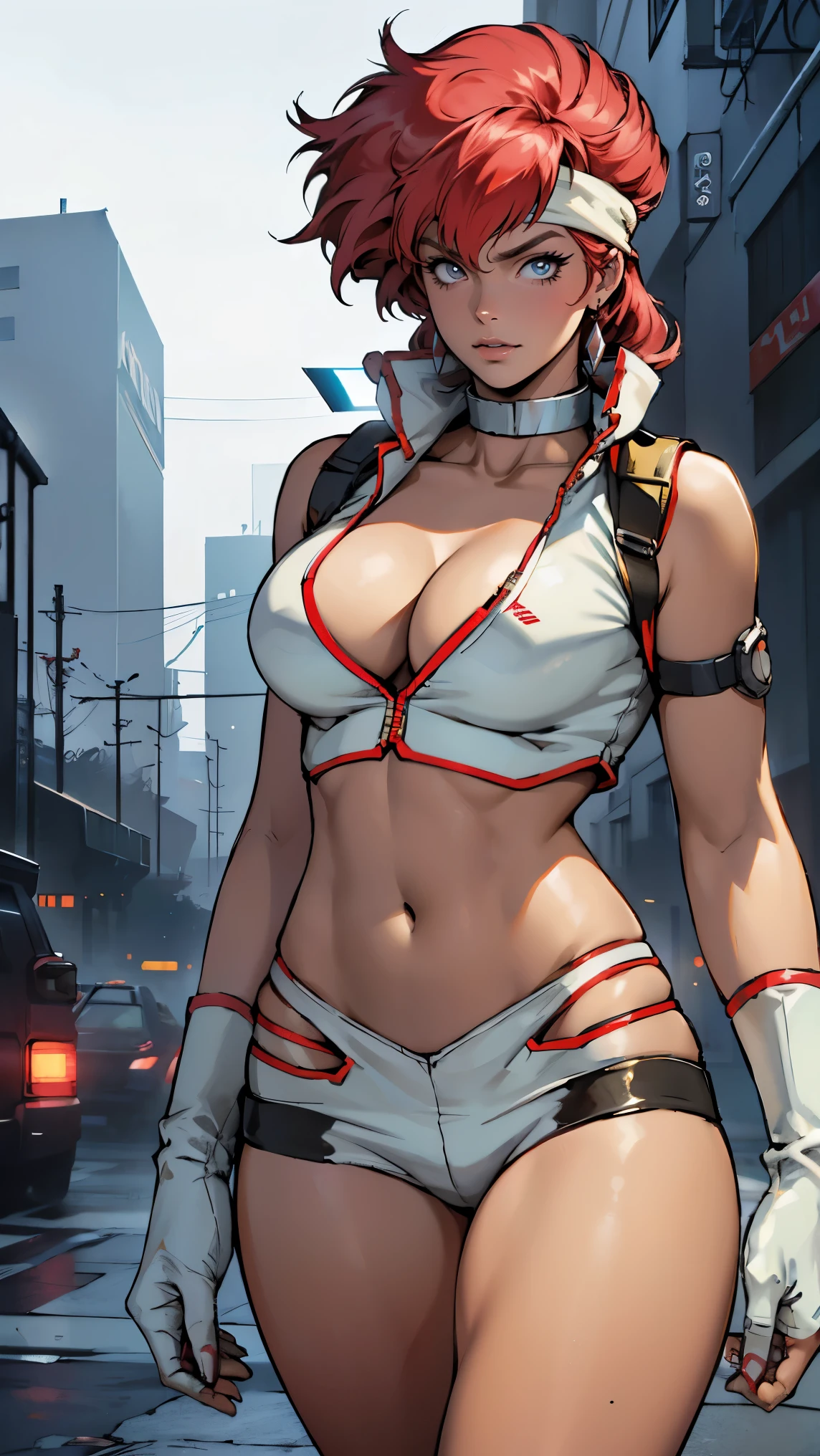 ((Masterpiece, highest quality; 1.3)), super quality, beautiful detail, super detailed, extra fine, 16K, exquisite, absurd, high resolution, beautiful background, detailed background, beautiful eyes, beautiful skin, anime style, Kay from Dirty Pair in a white outfit, tight outfit, cleavage, bushy redhead beauty, very light blue uniform, wearing tight clothes, skimpy, (mid chest: 1.2), cleavage, cleavage, slim waist , thin waist, slim thighs, thin legs, slim legs. thigh gap, showing stomach, skinny, thin hips, cyberpunk city background, holding retro space gun , headband, 