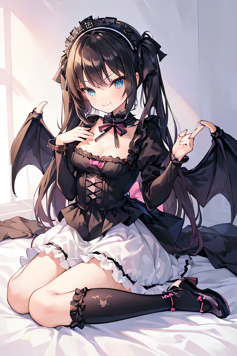 ((masterpiece)), ((best quality)), (ultra-detailed), ((kawaii)), cute, (lovely), illustration, anime style, full body, a cute girl, solo, (beautiful eyes), small devil, Gothic and ta (type of teenfashion), slim, slender, beautiful breasts, black wings, evil, seductive smile.
