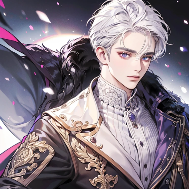 "(best quality,ultra-detailed,realistic:1.37),Medium,portrait,purple eyes,white hair,Man with medium hair,Fine painting style,Detailed facial features,attractive male appearance"