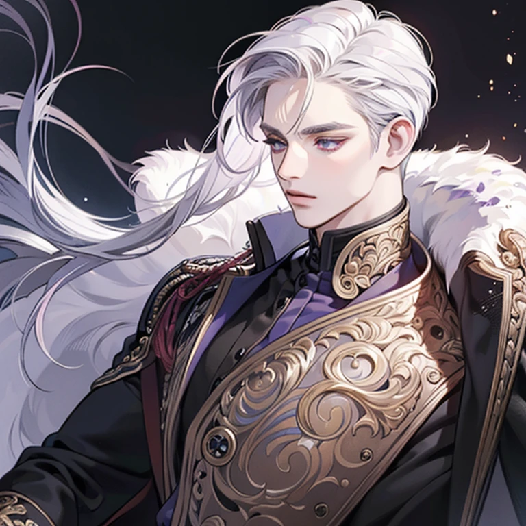 "(best quality,ultra-detailed,realistic:1.37),Medium,portrait,purple eyes,white hair,Man with medium hair,Fine painting style,Detailed facial features,attractive male appearance"