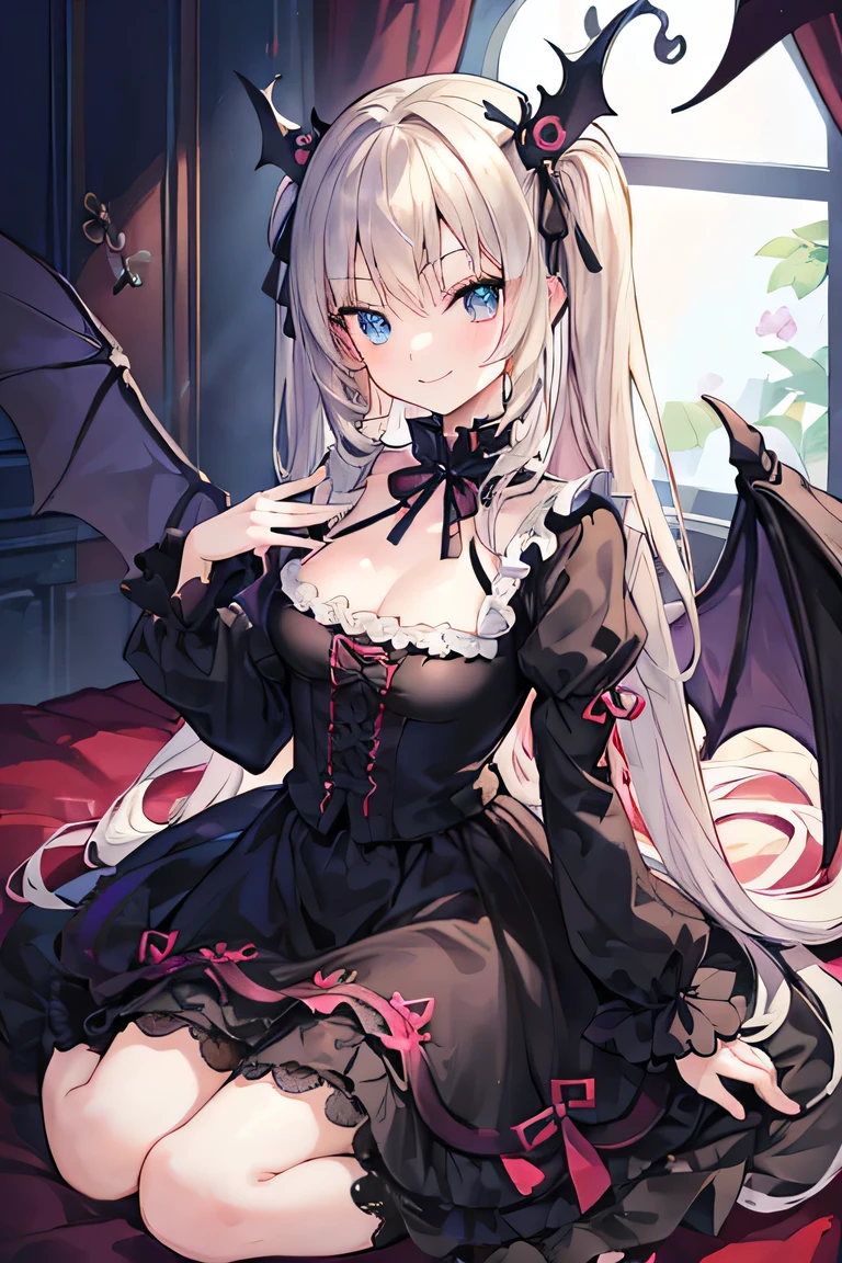 ((masterpiece)), ((best quality)), (ultra-detailed), ((kawaii)), cute, (lovely), illustration, anime style, full body, a cute girl, solo, (beautiful eyes), small devil, Gothic and ta (type of teenfashion), slim, slender, beautiful breasts, black wings, evil, seductive smile.