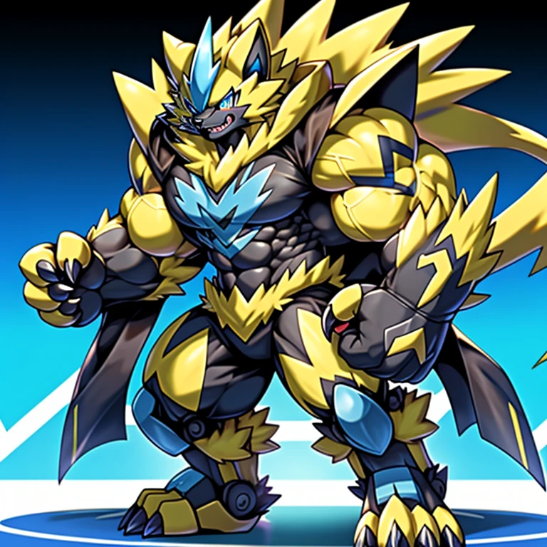 (Pokémon) Zeraora's giant robot. big muscle. GIANT. pecs, triceps, traps, waist narrow. body full of huge muscles. He wears a black cloak on his back. The cloak is so long that it touches the ground, The claws are sharp, Sharp teeth, Protecting Zeraora's design and color scheme. Wearing cyberpunk mecha, emphasizes the muscles.
He wears the same armor as himself from head to foot. (emphasizes the muscles.)
unusually developed muscular body, (Pokémon) A Zeraora at the bodybuilding competition, massive, huge muscular bodybuilder with extraordinary biceps, pecs, triceps, traps, gigachad, 300 lbs. The claws are sharp, Sharp teeth,