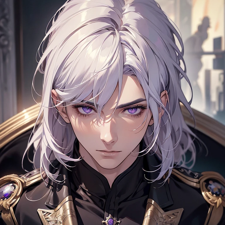 "(best quality,ultra-detailed,realistic:1.37),Medium,portrait,purple eyes,white hair,Man with medium hair,Fine painting style,Detailed facial features,attractive male appearance"