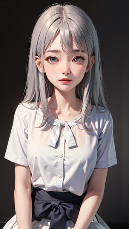 Blushing lightly and smiling, (Top quality masterpiece:1.2) Delicate illustrations, Very detailed, /Beautiful Japanese Woman、1 person,Very cute and slim、Excellent style 、((8K images、super high quality))、Very delicate face, Skin and Hair、beautiful forehead、Red lipstick、Long Hair,(((((Gradient Hair、Silver Hair))))),Very cute Japanese cut face、Eyes and nose are clearly visible、Kind eyes,(((White blouse、Tight Skirt)))