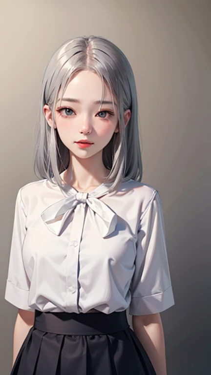 Blushing lightly and smiling, (Top quality masterpiece:1.2) Delicate illustrations, Very detailed, /Beautiful Japanese Woman、1 person,Very cute and slim、Excellent style 、((8K images、super high quality))、Very delicate face, Skin and Hair、beautiful forehead、Red lipstick、Long Hair,(((((Gradient Hair、Silver Hair))))),Very cute Japanese cut face、Eyes and nose are clearly visible、Kind eyes,(((White blouse、Tight Skirt)))