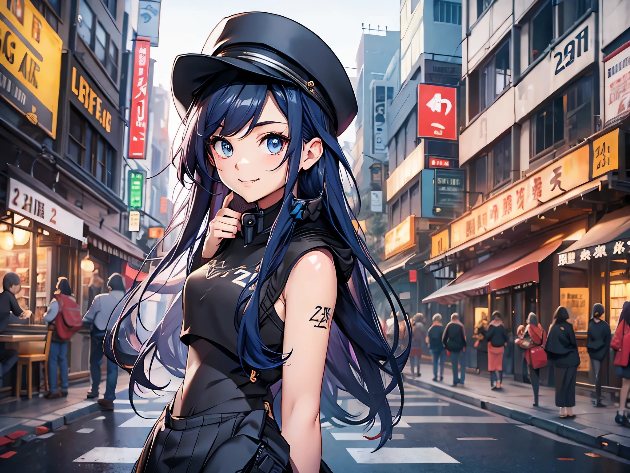 最high quality、best image quality、masterpiece、teenage girl((18-year-old、 By becoming、vest bust、medium bust,wide open breast tea、black eye, black hair、long hair、thin,highest valley、black hoodie(2:3),White skirt、sit、open the thighs、cute blue hat、slouch(2:3),smile、put your hands behind your back)),high quality、beautiful art、background((City of night、Restaurant area)),debris flies、Depth of written boundary、movie、visual art、perfect art、8K,genuine
