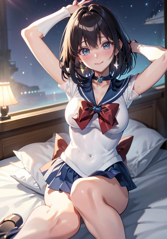 master piece,best quality,ultra detailed,8k,
ambient light,realistic skin,glossy skin,cute,
（sailor_saturn）、lie on bed、
（dynamic pose：1.3）、（the body is very wet：1.5）、Glossy lips、Slightly emphasize the lower lip、blush、smile、emphasizing the cleavage、
Fantastic night sky、Saturn、Aurora、horizon、Open-air bath、Japanese Inn Futon