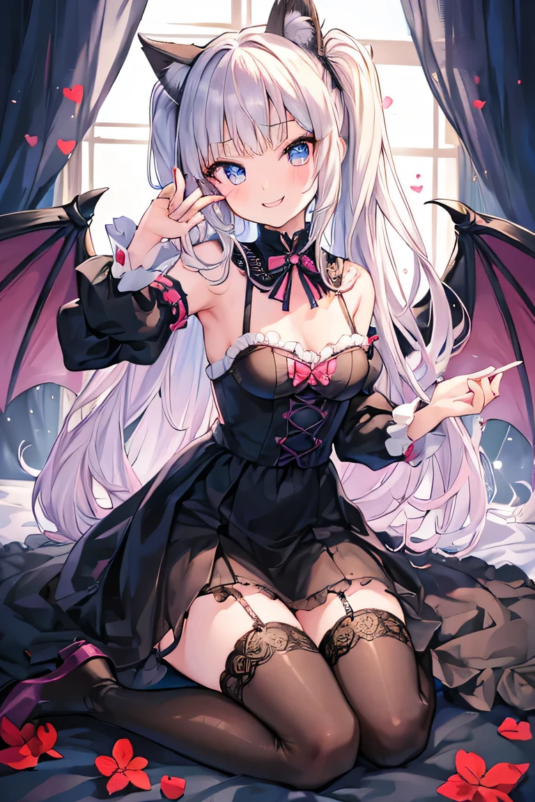 ((masterpiece, best)), 1girl, (mature woman: 1.4), 130mm f1.4 lens, 1girl, solo, pointed ears, heart-shaped pupils, micro skirt, looking down, demon girl, flat chest, demon wings, saturated, colorful , colorful hair, silver hair, blue hair, colorful eyes