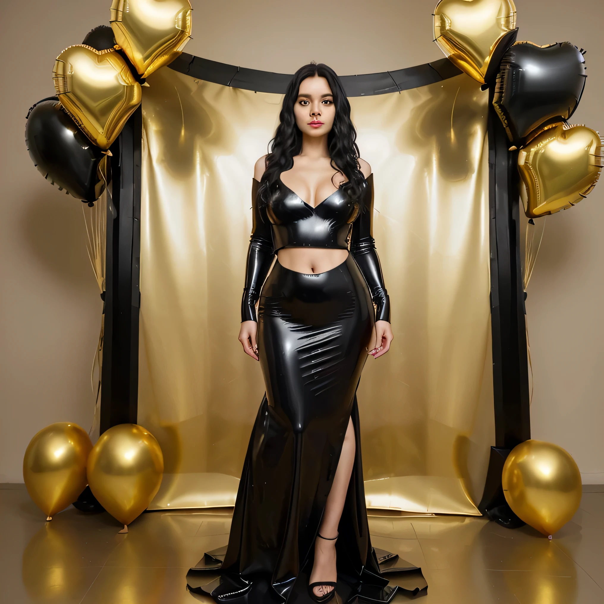 woman, wavy black hair, long shiny dress, medium bust, wide stomach, holding golden balloons, full body, looking at camera, looking at viewer