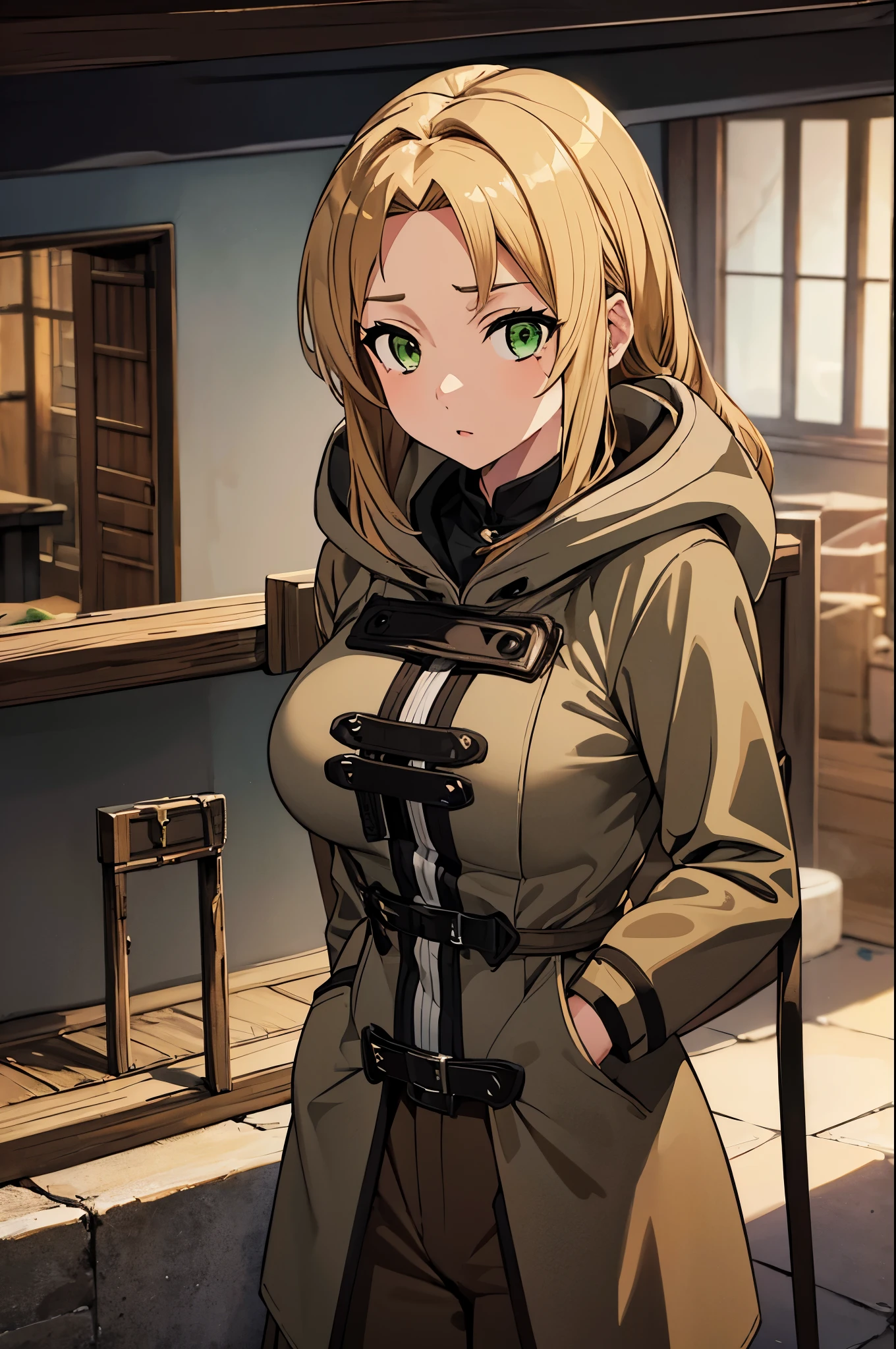 (masterpiece, best quality:1.2), expressive eyes, perfect face, highres, 1girl, solo, (female:1.5),rudeus_greyrat, green eyes, blonde hair, long hair, brown coat, hood, brown pants, large breasts, standing, upper body, looking at the viewer