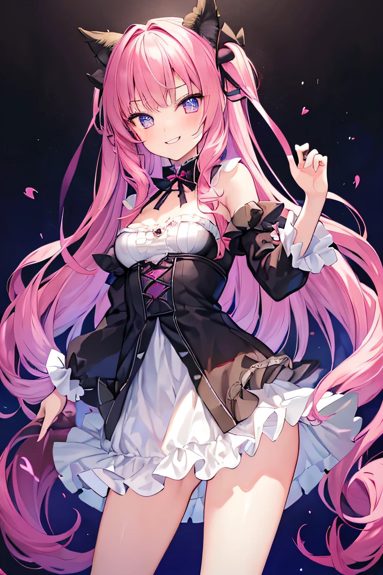 ((masterpiece)), ((best quality)), (ultra-detailed), ((kawaii)), cute, (lovely), illustration, anime style, full body, a cute girl, solo, (beautiful eyes), small devil, Gothic and Lolita (type of teenage fashion), slim, slender, beautiful breasts, black wings, evil, seductive smile, fang, endearing, blush, elegant, youthful, graceful, {{The tips of her canine teeth are peeking out from her smiling mouth}}, Double Tooth.