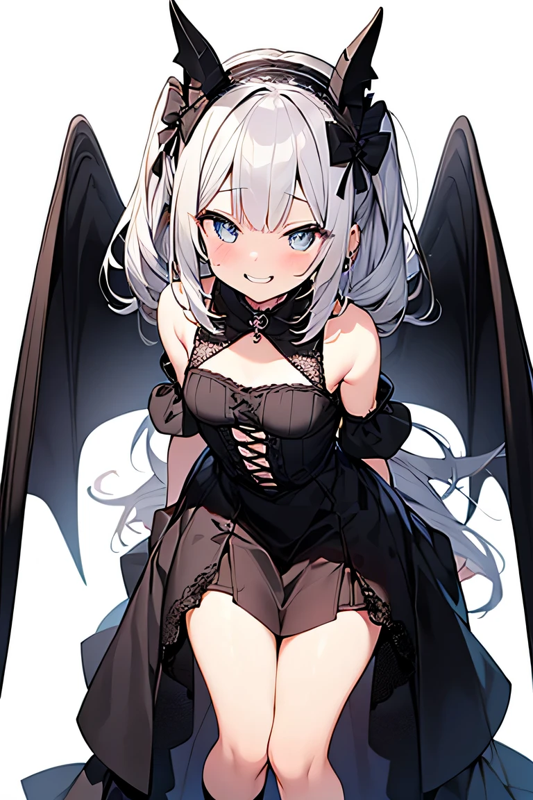 ((masterpiece)), ((best quality)), (ultra-detailed), ((kawaii)), cute, (lovely), illustration, anime style, full body, a cute girl, solo, (beautiful eyes), small devil, Gothic and Lolita (type of teenage fashion), slim, slender, beautiful breasts, black wings, evil, seductive smile, fang, endearing, blush, elegant, youthful, graceful, {{The tips of her canine teeth are peeking out from her smiling mouth}}, Double Tooth.