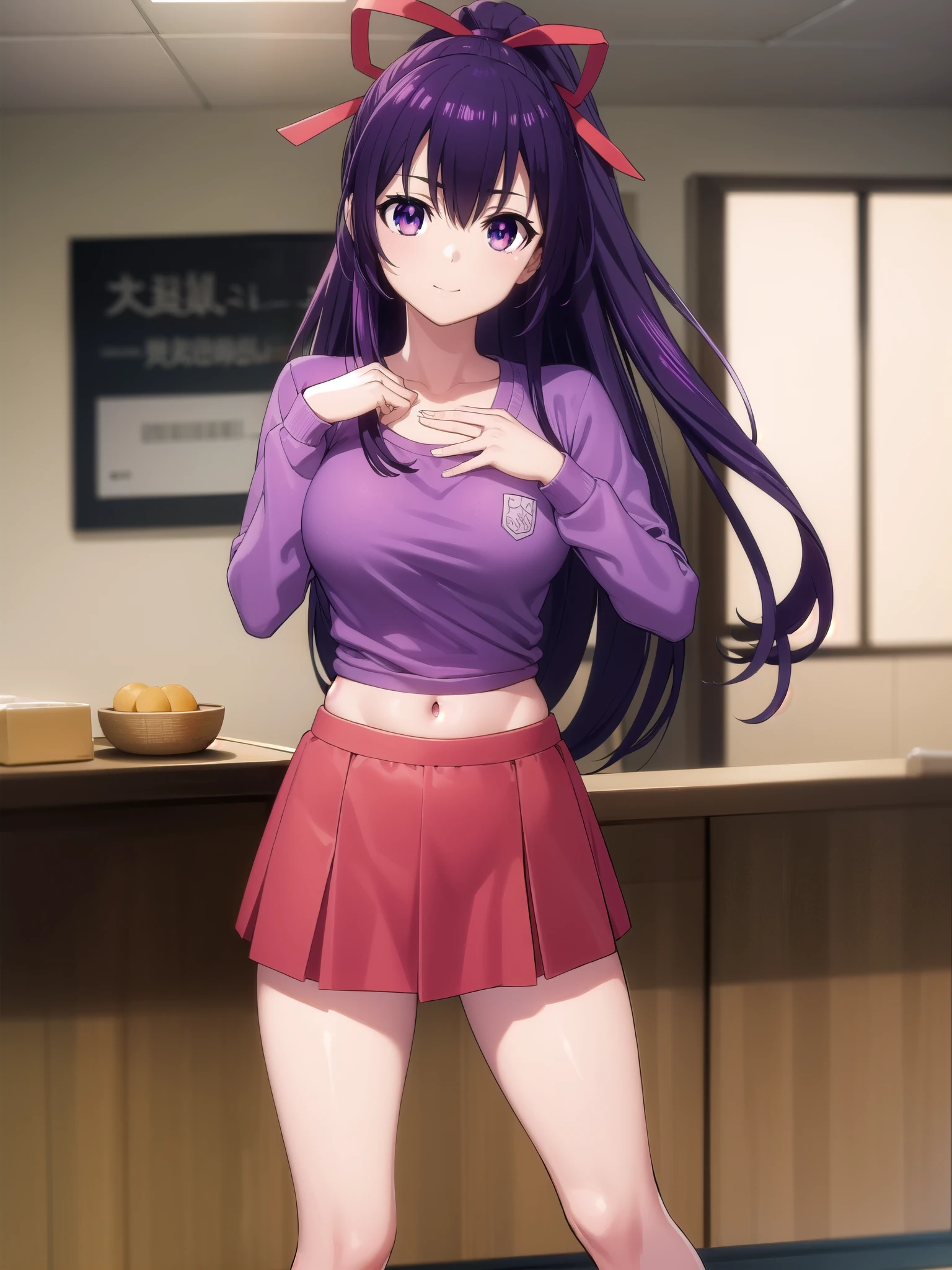 tohkayatogami, tohka yatogami casual, long hair, purple hair, alluringly smile , yoga crop top, korean yoga clothes, wide neck, long sleeve, red top, high waist skirt, short skirt , red skirt(purple eyes:1.1), hair ribbon, ponytail, purple hair, white ribbon, E cup breasts, bewitched thighs, slender waist, plump butt , sneakers 
BREAK ,
BREAK indoor gym, alone, 
BREAK looking at viewer, standing, tilt head, seduce poses, full body view, 
BREAK (masterpiece:1.2), best quality, high resolution, unity 8k wallpaper, (illustration:0.8), (beautiful detailed eyes:1.6), extremely detailed face, perfect lighting, extremely detailed CG, (perfect hands, perfect anatomy),