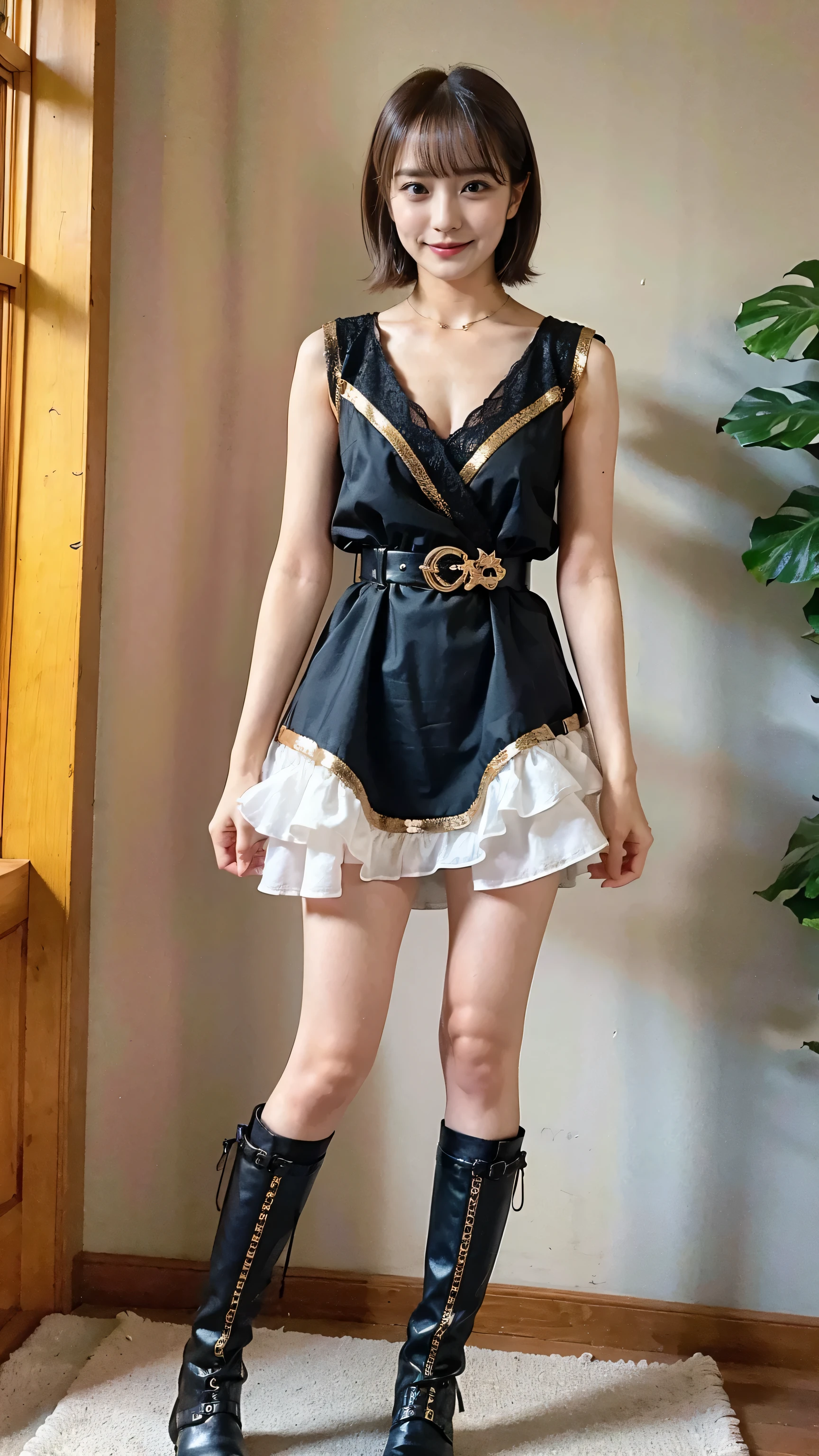(8K、Raw photo、highest quality、masterpiece:1.2)、(Realistic、Photorealistic)、1 girl、((black and white dress、Gold Belt、See-through、boots、squirt、Large Breasts、View from the front、Are standing))、Lots of eyelashes、Sparkling eyelids、skeletally correct