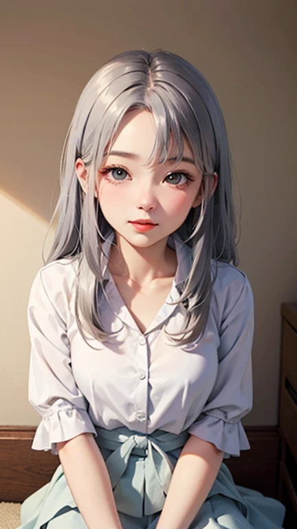 Blushing lightly and smiling, (Top quality masterpiece:1.2) Delicate illustrations, Very detailed, /Beautiful woman Japan in her 30s、1 person,Very cute and slim、Excellent style 、((8K images、super high quality))、Very delicate face, Skin and Hair、beautiful forehead、Red lipstick、Long Hair,(((((Gradient Hair、Silver Hair))))),Very cute Japanese cut face、Eyes and nose are clearly visible、Kind eyes,(((White blouse、Tight Skirt)))