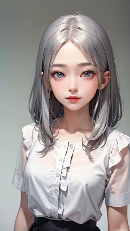 Blushing lightly and smiling, (Top quality masterpiece:1.2) Delicate illustrations, Very detailed, /Beautiful woman Japan in her 30s、1 person,Very cute and slim、Excellent style 、((8K images、super high quality))、Very delicate face, Skin and Hair、beautiful forehead、Red lipstick、Long Hair,(((((Gradient Hair、Silver Hair))))),Very cute Japanese cut face、Eyes and nose are clearly visible、Kind eyes,(((White blouse、Tight Skirt)))