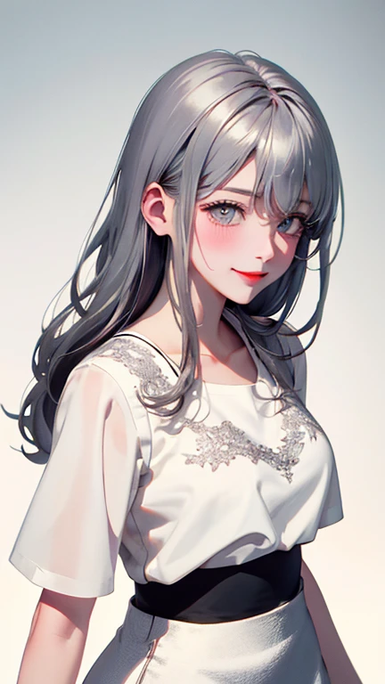 Blushing lightly and smiling, (Top quality masterpiece:1.2) Delicate illustrations, Very detailed, /Beautiful woman Japan in her 30s、1 person,Very cute and slim、Excellent style 、((8K images、super high quality))、Very delicate face, Skin and Hair、Red lipstick、Long Hair、beautiful forehead,(((((Gradient Hair、Silver Hair))))),Very cute Japanese cut face、Eyes and nose are clearly visible、Kind eyes,(((White blouse、Tight Skirt)))、Night view