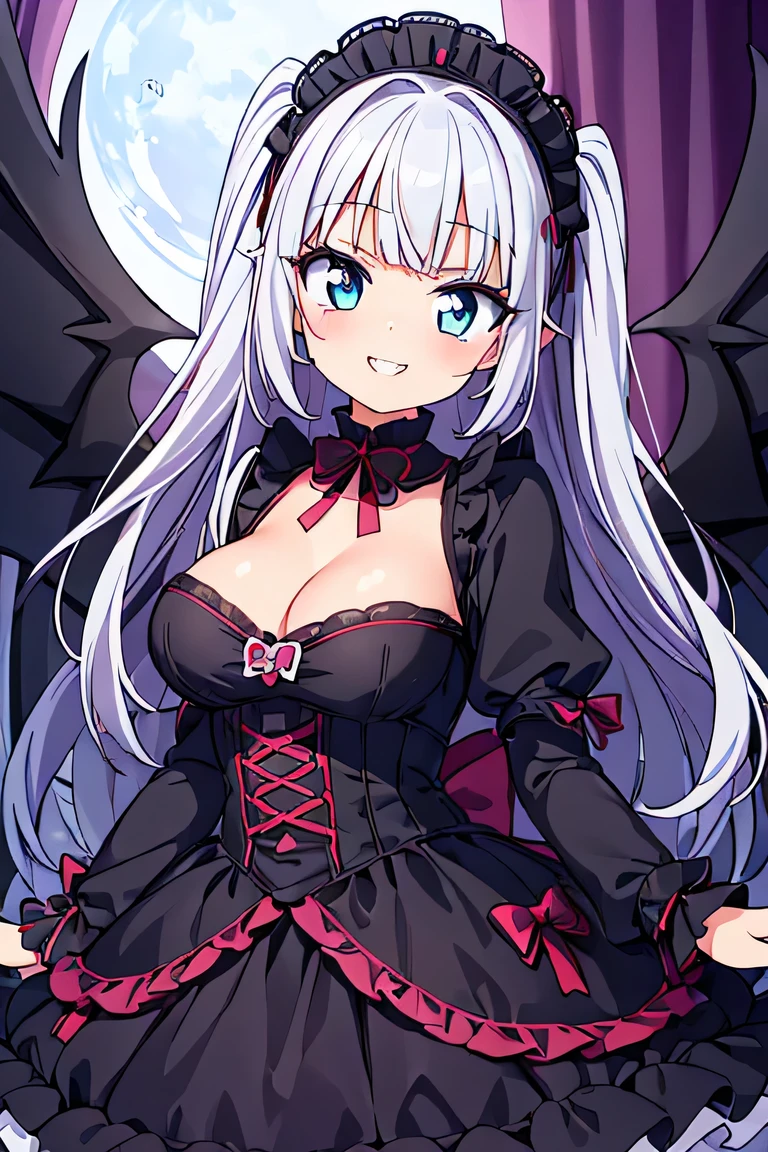 ((masterpiece)), ((best quality)), (ultra-detailed), ((kawaii)), cute, (lovely), illustration, anime style, full body, a cute girl, solo, (beautiful eyes), small devil, Gothic and ta (type of teenfashion), slim, slender, beautiful breasts, black wings, evil, seductive smile, fang, endearing, blush, elegant, youthful, graceful, ((The tips of her canine teeth are peeking out from her smiling mouth)), Double Tooth.