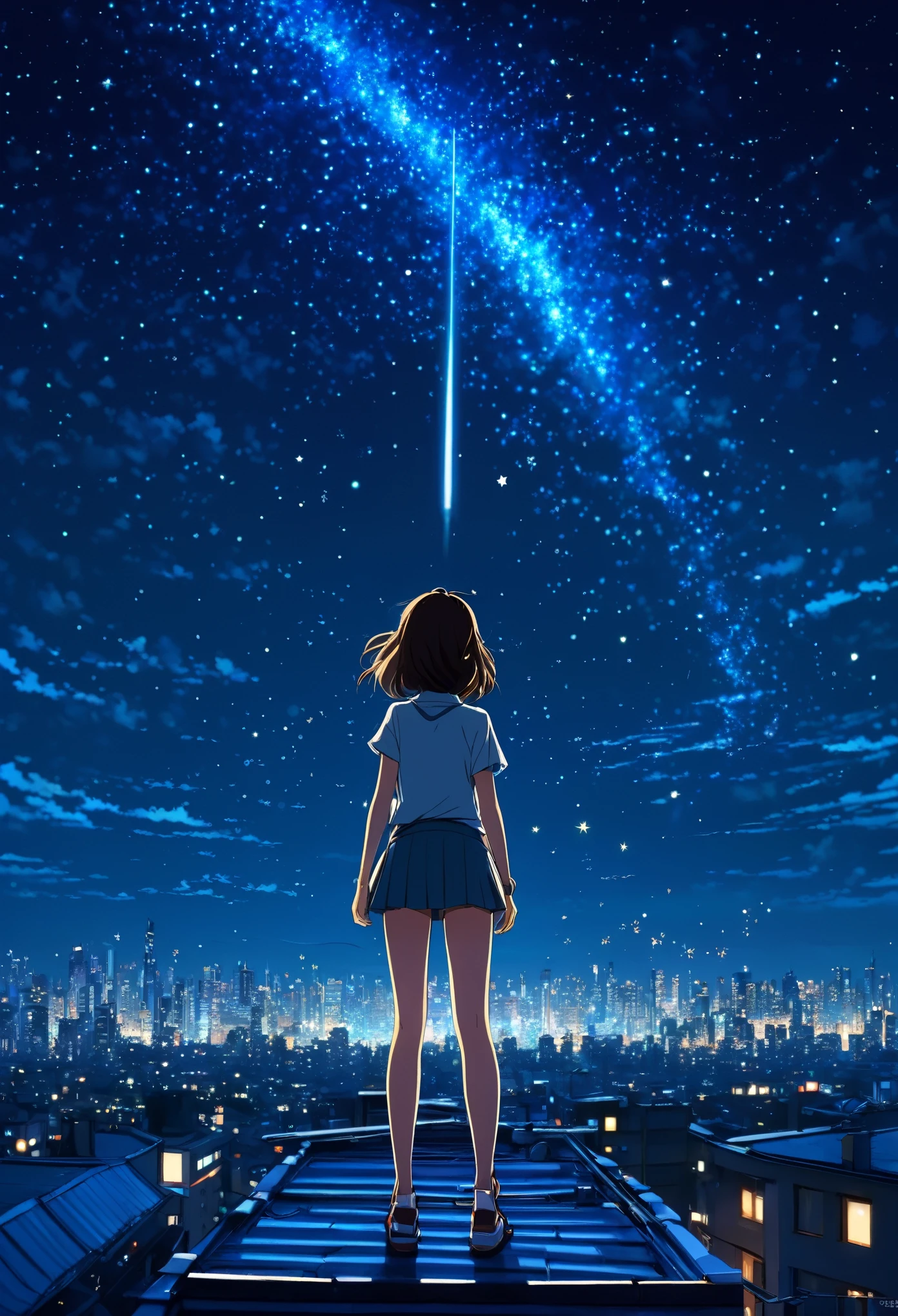anime girl standing on rooftop looking at night sky with stars, anime wallpaper 4k, anime wallpaper 4 k, 4k anime wallpaper, anime art wallpaper 8 k, anime art wallpaper 4k, anime art wallpaper 4 k, anime style 4 k, makoto shinkai cyril rolando, 4 k manga wallpaper, anime wallpaper, amazing wallpaper, shooting stars