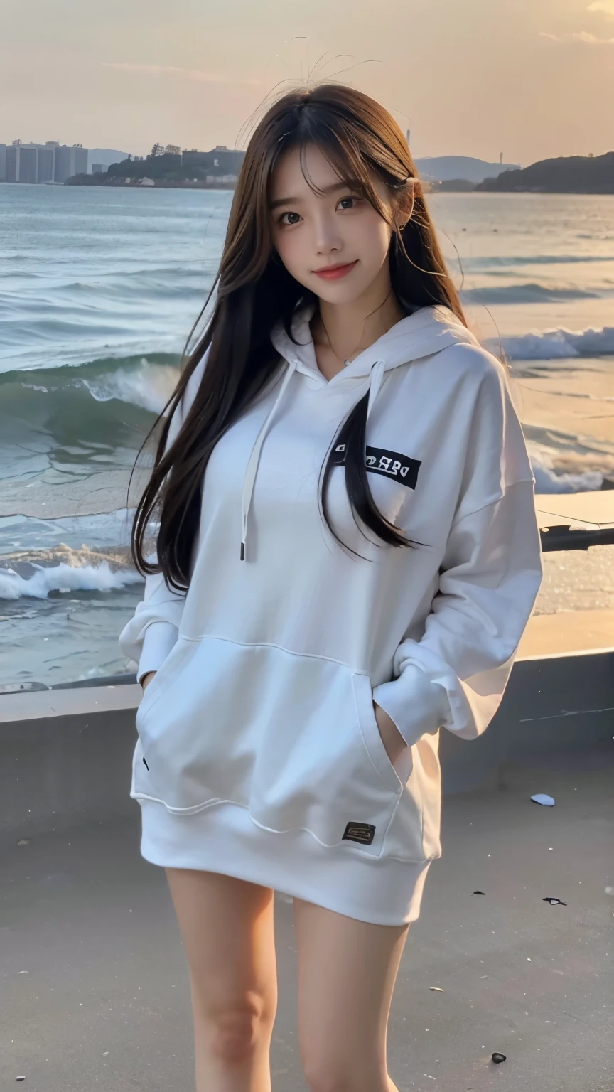 High resolution, masterpiece, highest quality, Ultra High Definition 8K Wallpapers, Very clear, Majestic panoramic view:1.3, (Beautiful face in every detail):1.2, A confident and calm smile, (Multicolor)hair, (black)hair, Wavy long hair, (white)hoodie, skirt, 1 girl, alone, Evening beach, 風になびくhair,Blushing, Pouting, full body