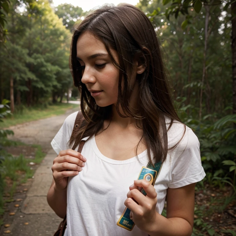 A girl kissed a natural place and hold a condom in hand