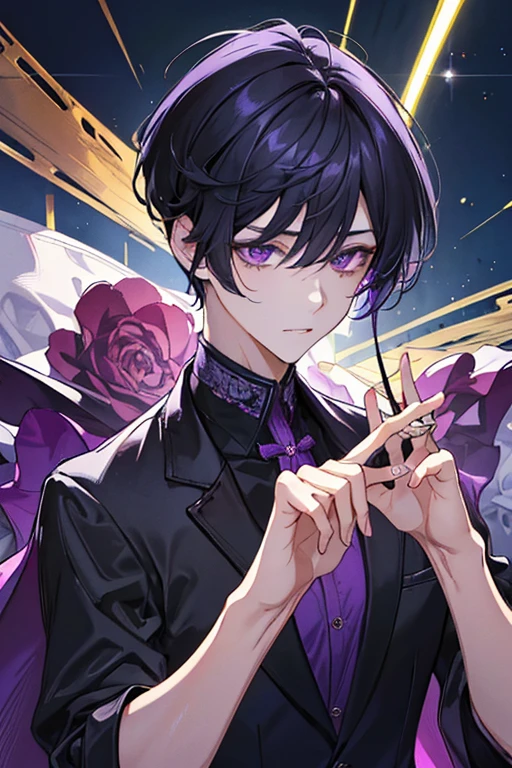 Masterpiece, highres, finely details, male, short hair, black hair, with bangs, purple eyes, black clothes.