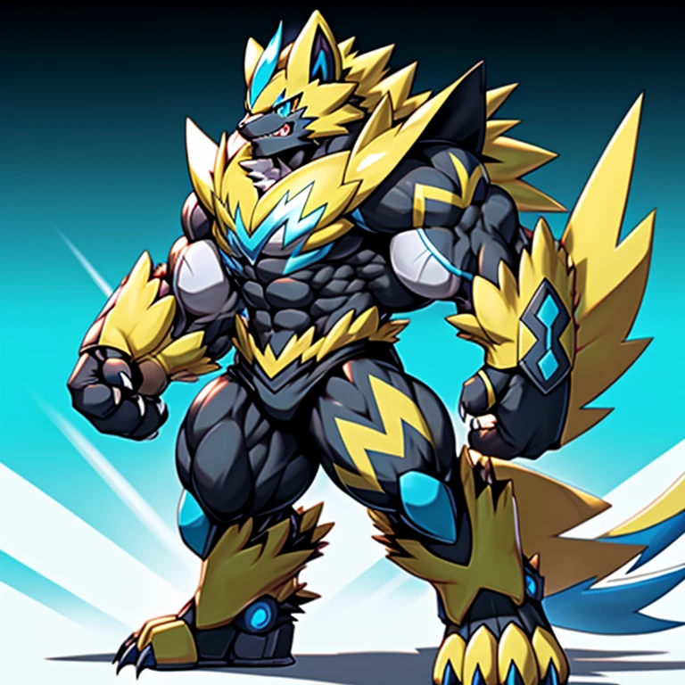(Pokémon) Zeraora's giant robot. big muscle. GIANT. pecs, triceps, traps, waist narrow. body full of huge muscles. He wears a black cloak on his back. The cloak is so long that it touches the ground, The claws are sharp, Sharp teeth, Protecting Zeraora's design and color scheme. Wearing cyberpunk mecha, emphasizes the muscles.
He wears the same armor as himself from head to foot. (emphasizes the muscles.)
unusually developed muscular body, (Pokémon) A Zeraora at the bodybuilding competition, massive, huge muscular bodybuilder with extraordinary biceps, pecs, triceps, traps, gigachad, 300 lbs. The claws are sharp, Sharp teeth,
whole body shines like metal.